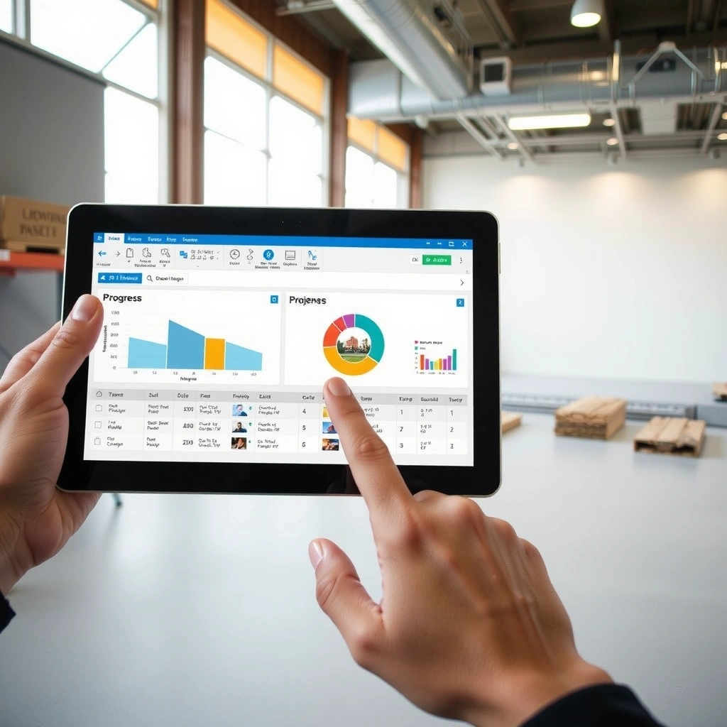 Modern construction project management dashboard with digital interfaces