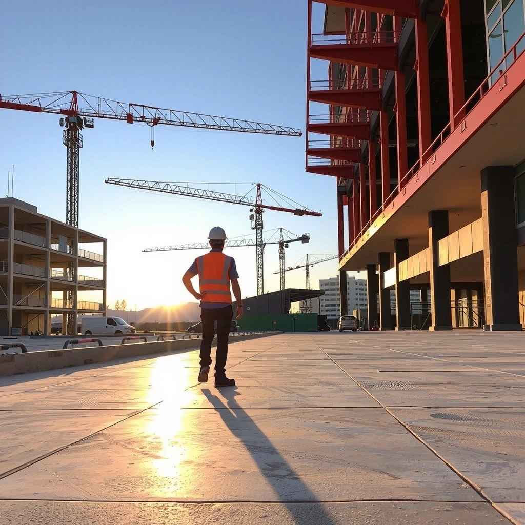 Professional construction site with steel framework and workers