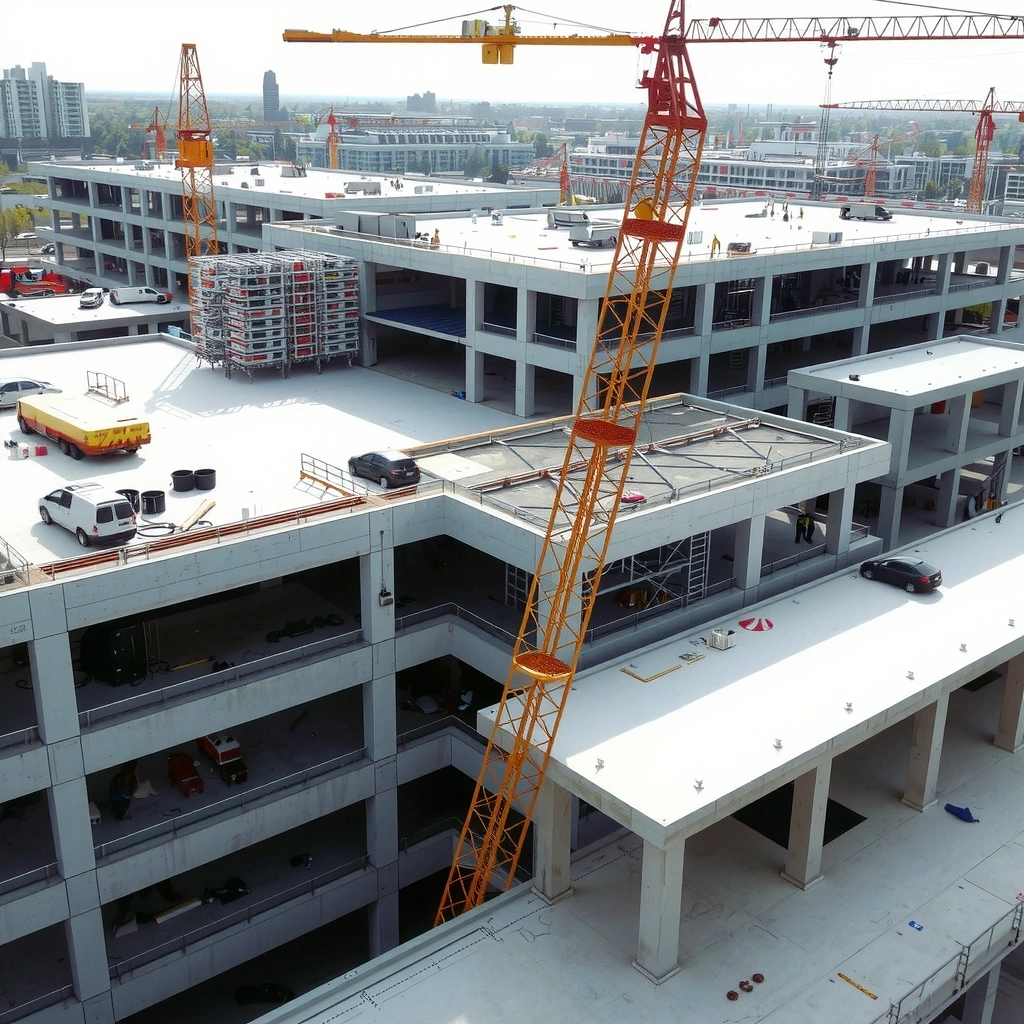 Modern construction site with steel framework and concrete structures